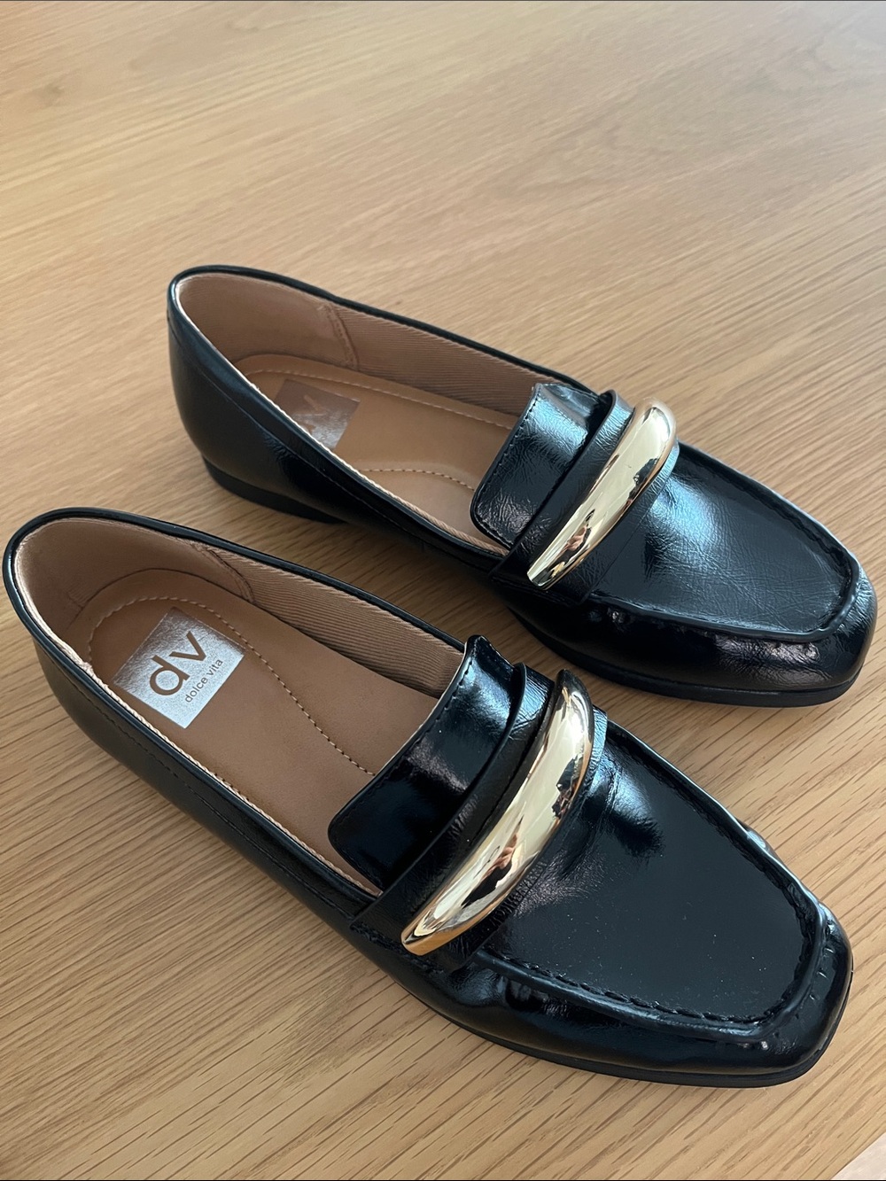 Dolce Vita Black Patent Loafers with Gold Bar